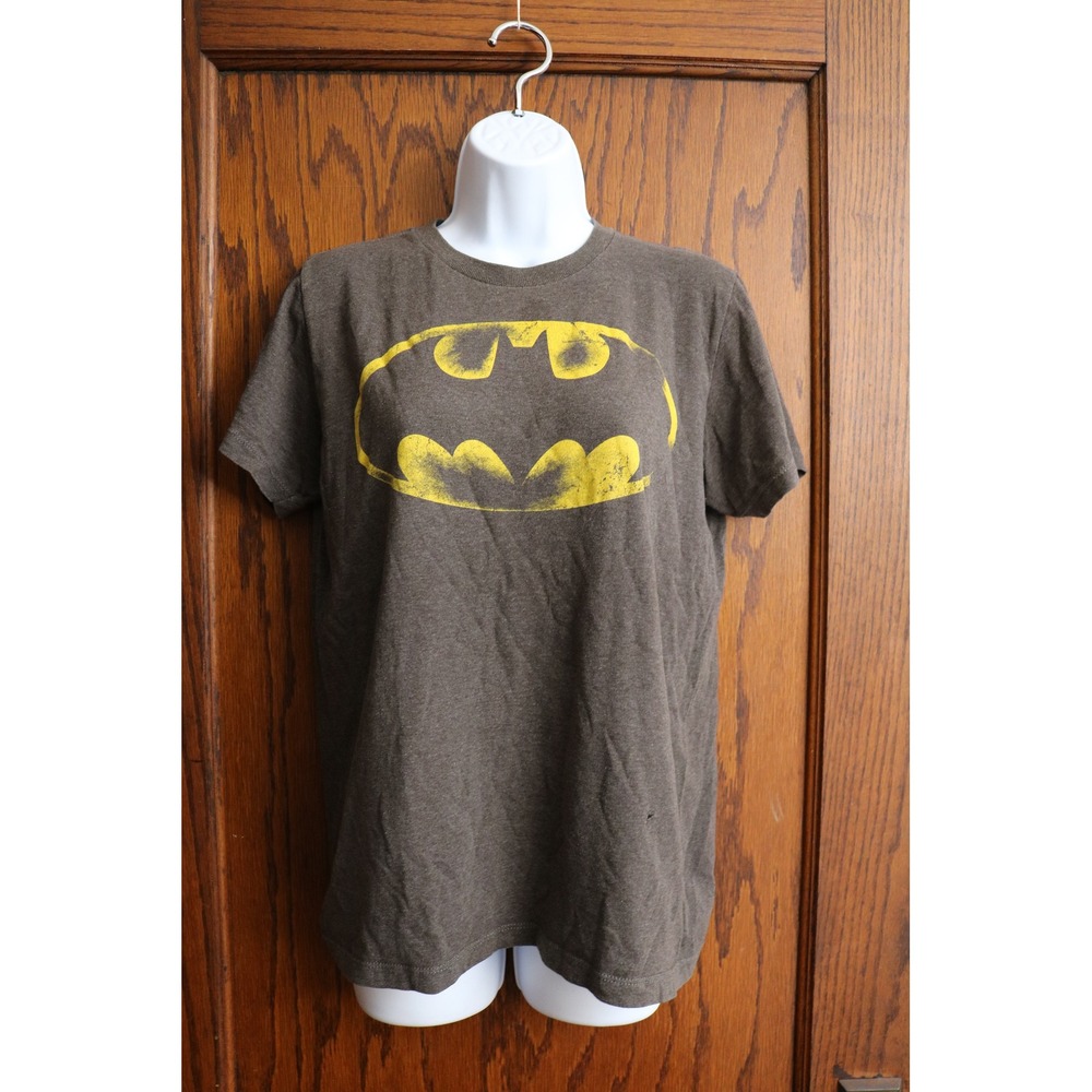 BATMAN Shirt Women Small Brown Yellow Logo Graphic Distress Superhero Y2K Retro